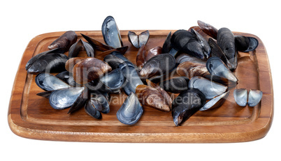 Shells of mussels on wooden board