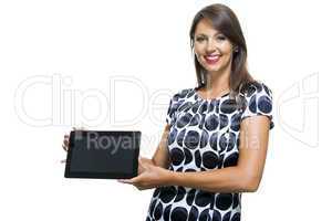 Smiling Woman in a Dress Holding a Tablet Computer