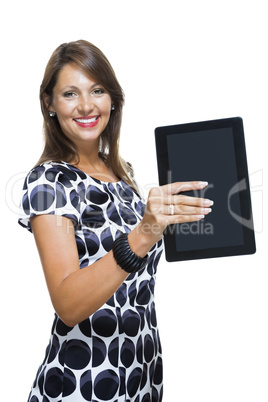 Smiling Woman in a Dress Holding a Tablet Computer