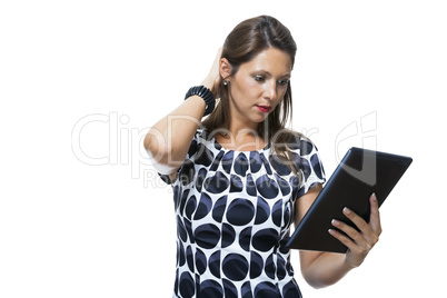 Smiling Woman in a Dress Holding a Tablet Computer