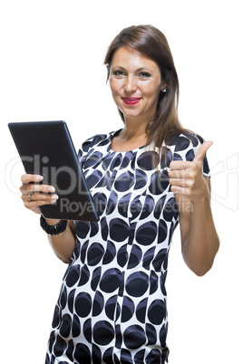 Smiling Woman in a Dress Holding a Tablet Computer