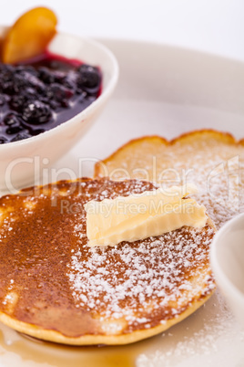 tasty sweet pancakes with vanilla icecream and topping