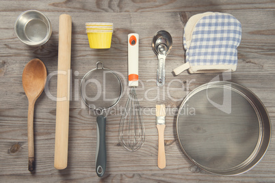 Various baking tools arrange from overhead view