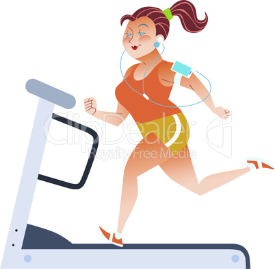 Fat woman on sport stationary treadmill