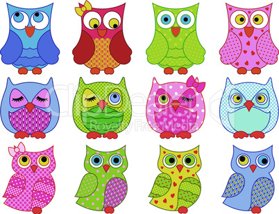 Set of twelve colourful cartoon owls