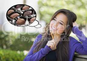 Pensive Woman with Chocolate Candy Inside Thought Bubble