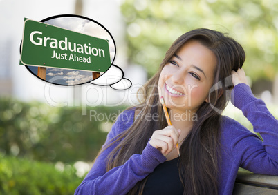 Young Woman with Thought Bubble of Graduation Green Road Sign