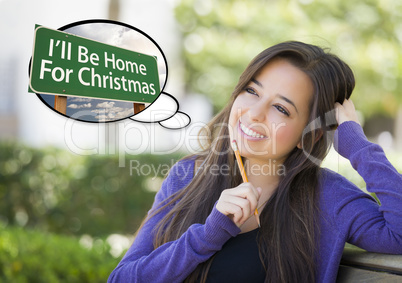 Woman, Thought Bubble of I'll Be Home For Christmas Sign