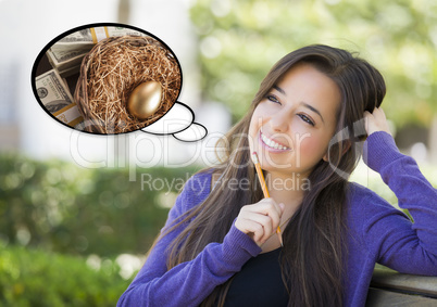 Pensive Woman with Money and Nest Egg Thought Bubble