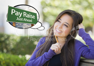 Young Woman with Thought Bubble of Pay Raise Green Sign