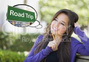 Young Woman with Thought Bubble of Road Trips Green Sign
