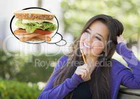 Pensive Woman with Big Sandwich Inside Thought Bubble