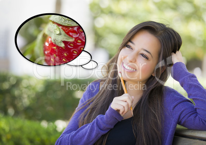 Pensive Woman with Strawberry Inside Thought Bubble