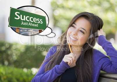 Young Woman with Thought Bubble of Success Green Road Sign