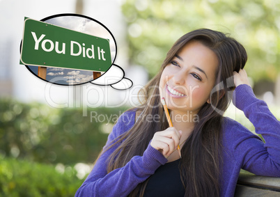 Young Woman with Thought Bubble of You Did It Sign