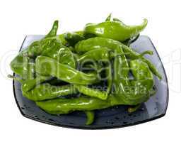 Wet green peppers on glass plate