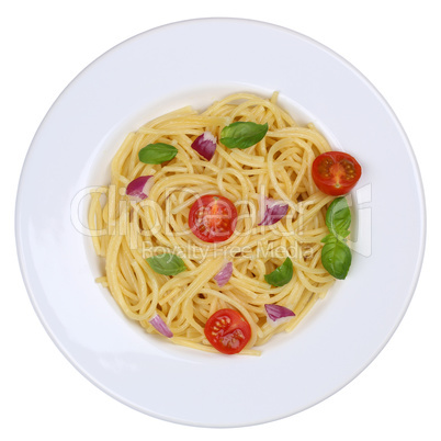 Spaghetti Nudeln Pasta Gericht mit Tomaten und Basilikum auf Tel