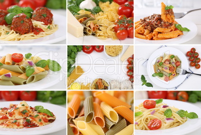 Collage mit Zutaten für ein Spaghetti Pasta Nudel Gericht mit T