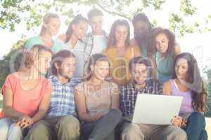 Friends looking at laptop in the park