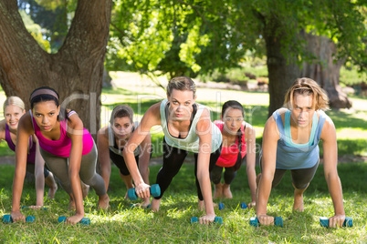 Fitness group planking in park