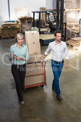 Manager walking with her colleague pulling trolleys