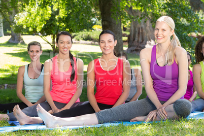 Fitness group doing yoga in park