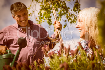 Happy mature couple gardening together