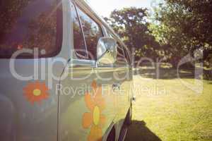 Retro camper van in a field