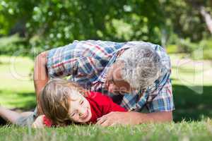 Happy father playing on the grass with his son