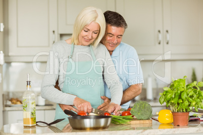 Happy mature couple making dinner together