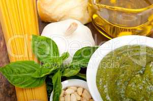 Italian traditional basil pesto pasta ingredients