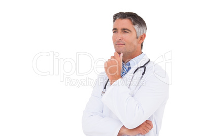 Doctor thinking with hand on chin