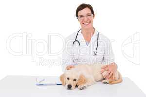 Smiling veterinarian examining a cute dog