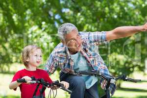 Happy father on a bike with his son