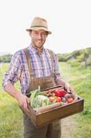 Happy farmer carrying box of veg