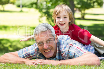 Happy father lying on the grass with his son