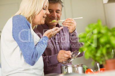 Mature couple preparing meal together