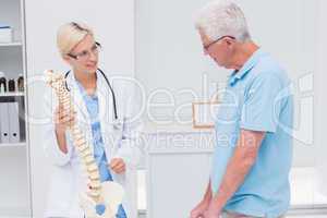 Orthopedic doctor explaining anatomical spine to senior man