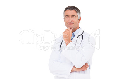 Doctor thinking with hand on chin