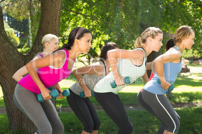 Fitness group lifting hand weights in park