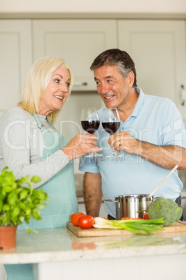 Happy mature couple having red wine while making dinner