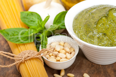 Italian traditional basil pesto pasta ingredients