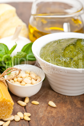 Italian traditional basil pesto pasta ingredients