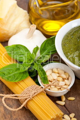 Italian traditional basil pesto pasta ingredients