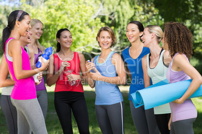 Fitness group chatting in park