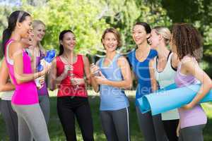 Fitness group chatting in park