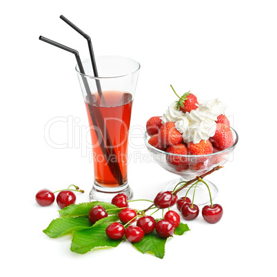 fruit dessert and cherry juice