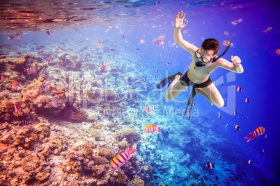 Snorkeler Maldives Indian Ocean coral reef.