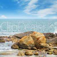 ocean, picturesque beach and blue sky