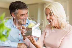 Happy mature man offering wife a gift